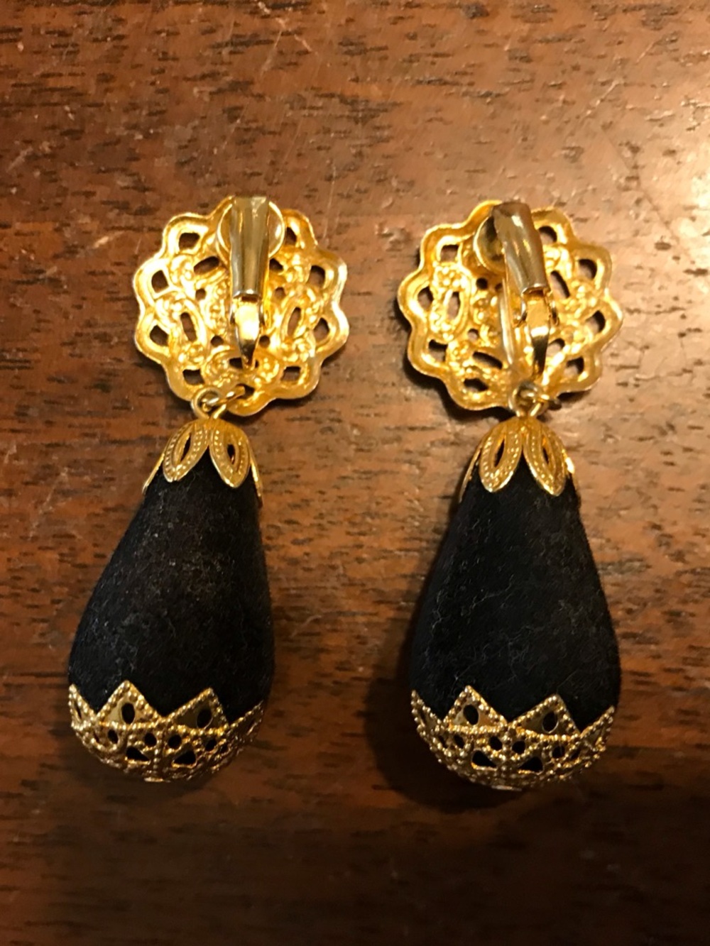 Gold Filigree and Black Teardrop Clip-On Earrings